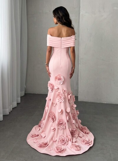 Flattering Off-The-Shoulder Flower(s) Mermaid Sweep Train Elastic Satin Evening Dresses