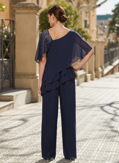 Classy Asymmetrical Short Sleeves Chiffon Mother Of The Bride Dresses With Ruffle