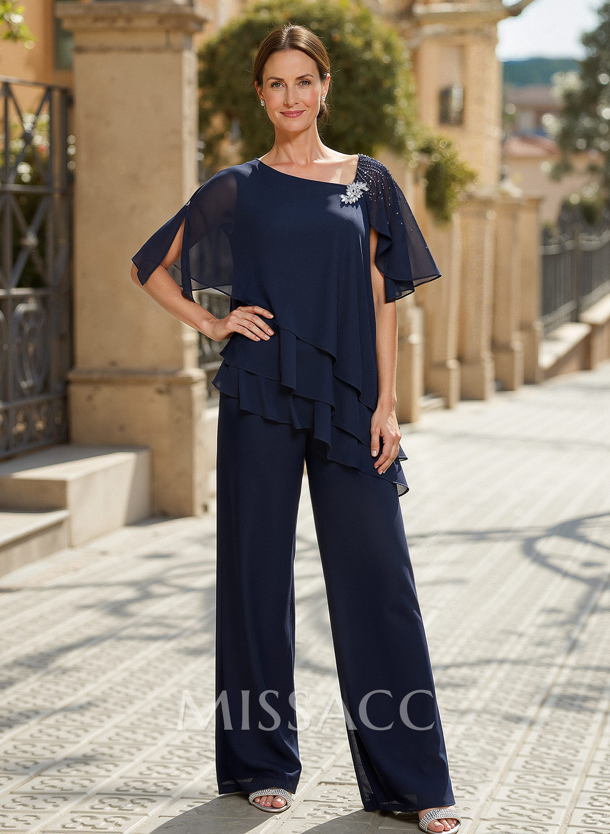 Classy Asymmetrical Short Sleeves Chiffon Mother Of The Bride Dresses With Ruffle