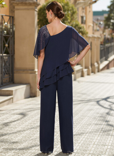 Classy Asymmetrical Short Sleeves Chiffon Mother Of The Bride Dresses With Ruffle
