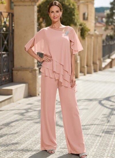Classy Asymmetrical Short Sleeves Chiffon Mother Of The Bride Dresses With Ruffle