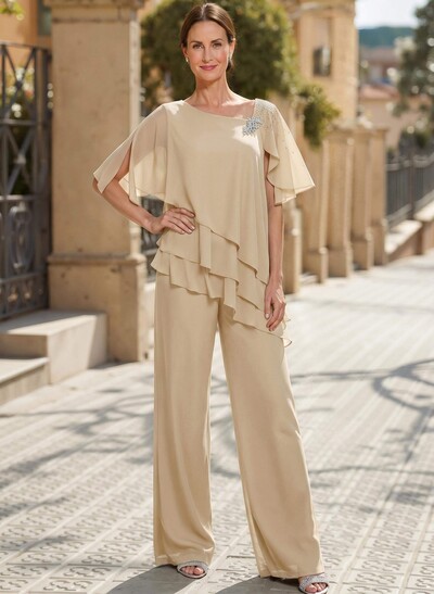 Classy Asymmetrical Short Sleeves Chiffon Mother Of The Bride Dresses With Ruffle