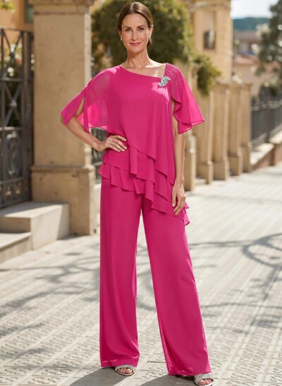 Classy Asymmetrical Short Sleeves Chiffon Mother Of The Bride Dresses With Ruffle