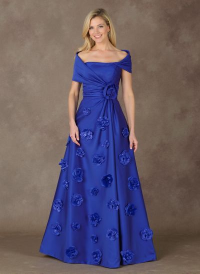 Exquisite A-Line Wrap Off Shoulder Satin Mother Of The Bride Dresses With 3D Floral