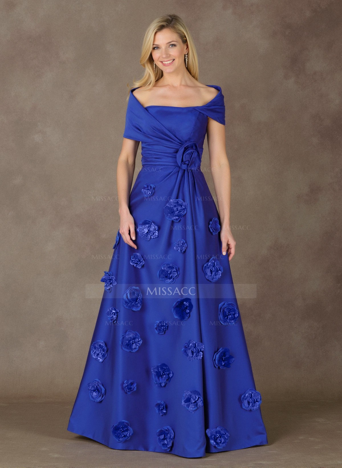 Exquisite A-Line Wrap Off Shoulder Satin Mother Of The Bride Dresses With 3D Floral