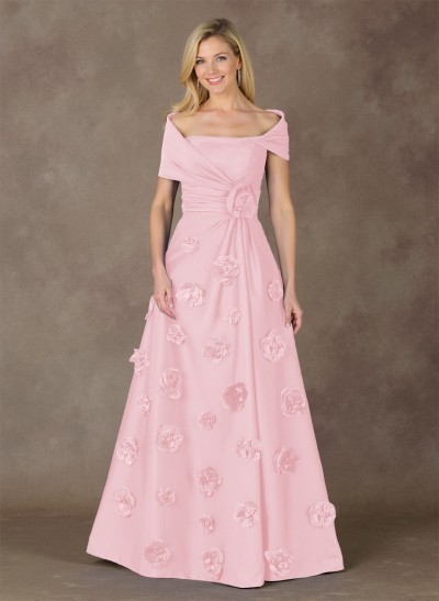 Exquisite A-Line Wrap Off Shoulder Satin Mother Of The Bride Dresses With 3D Floral