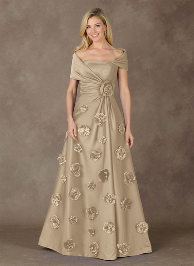 Exquisite A-Line Wrap Off Shoulder Satin Mother Of The Bride Dresses With 3D Floral