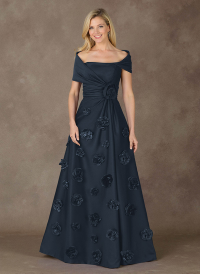 Exquisite A-Line Wrap Off Shoulder Satin Mother Of The Bride Dresses With 3D Floral