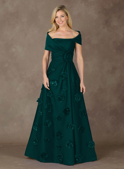 Exquisite A-Line Wrap Off Shoulder Satin Mother Of The Bride Dresses With 3D Floral