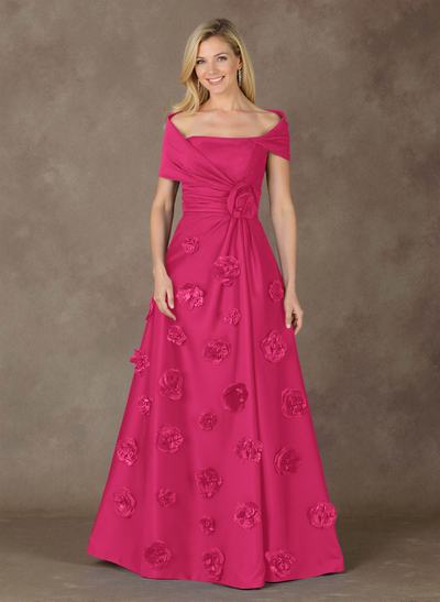 Exquisite A-Line Wrap Off Shoulder Satin Mother Of The Bride Dresses With 3D Floral