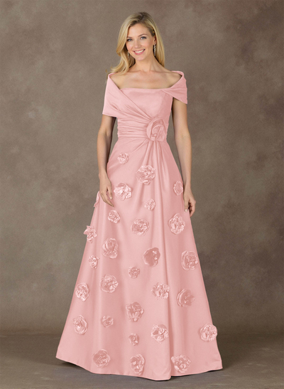 Exquisite A-Line Wrap Off Shoulder Satin Mother Of The Bride Dresses With 3D Floral