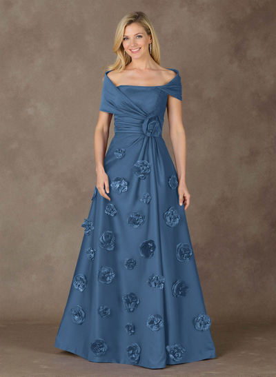 Exquisite A-Line Wrap Off Shoulder Satin Mother Of The Bride Dresses With 3D Floral