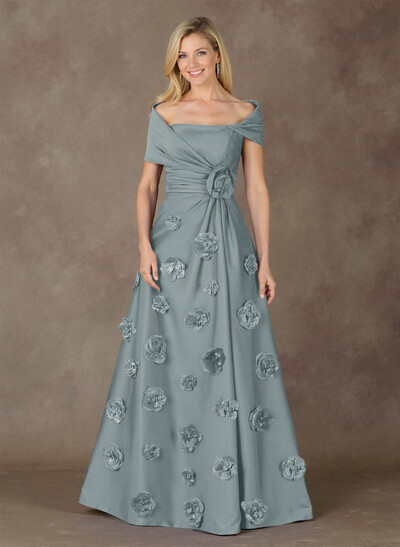 Exquisite A-Line Wrap Off Shoulder Satin Mother Of The Bride Dresses With 3D Floral
