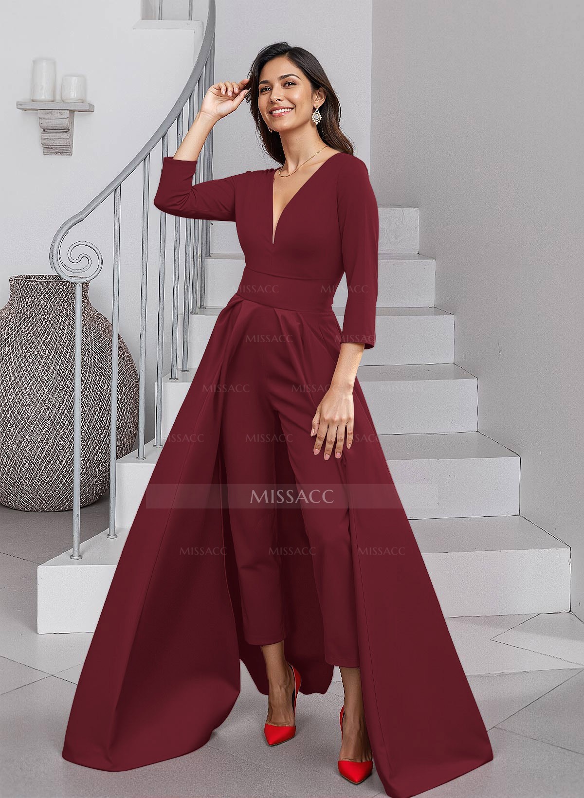 Vestidos Únicos Para Madre De La Novia De Crepé De Gasa Con Cuello En V Y Largo Hasta Los Tobillos, image size:1200x1640