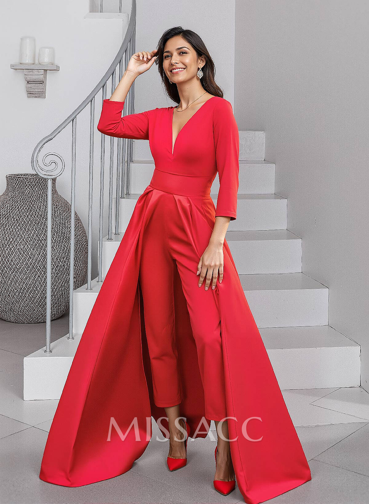 Unique V-Neck Overskirt Ankle-Length Crepe Chiffon Mother Of The Bride Dresses