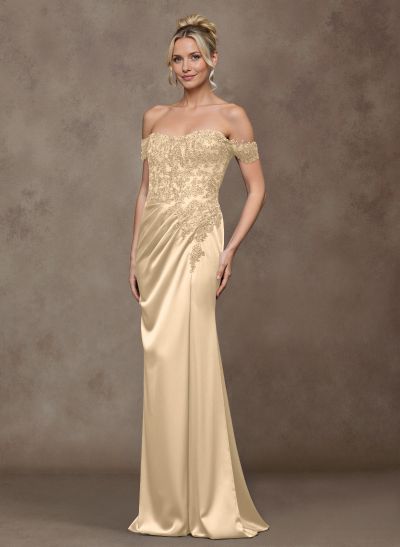 Unique Lace Off-The-Shoulder Silk Like Satin Mother Of The Bride Dresses