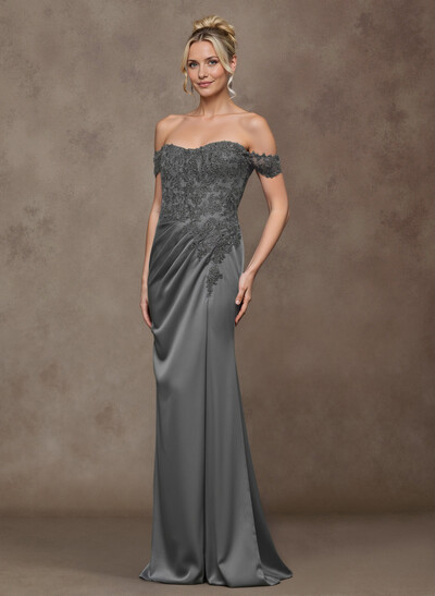 Unique Lace Off-The-Shoulder Crepe Satin Mother Of The Bride Dresses