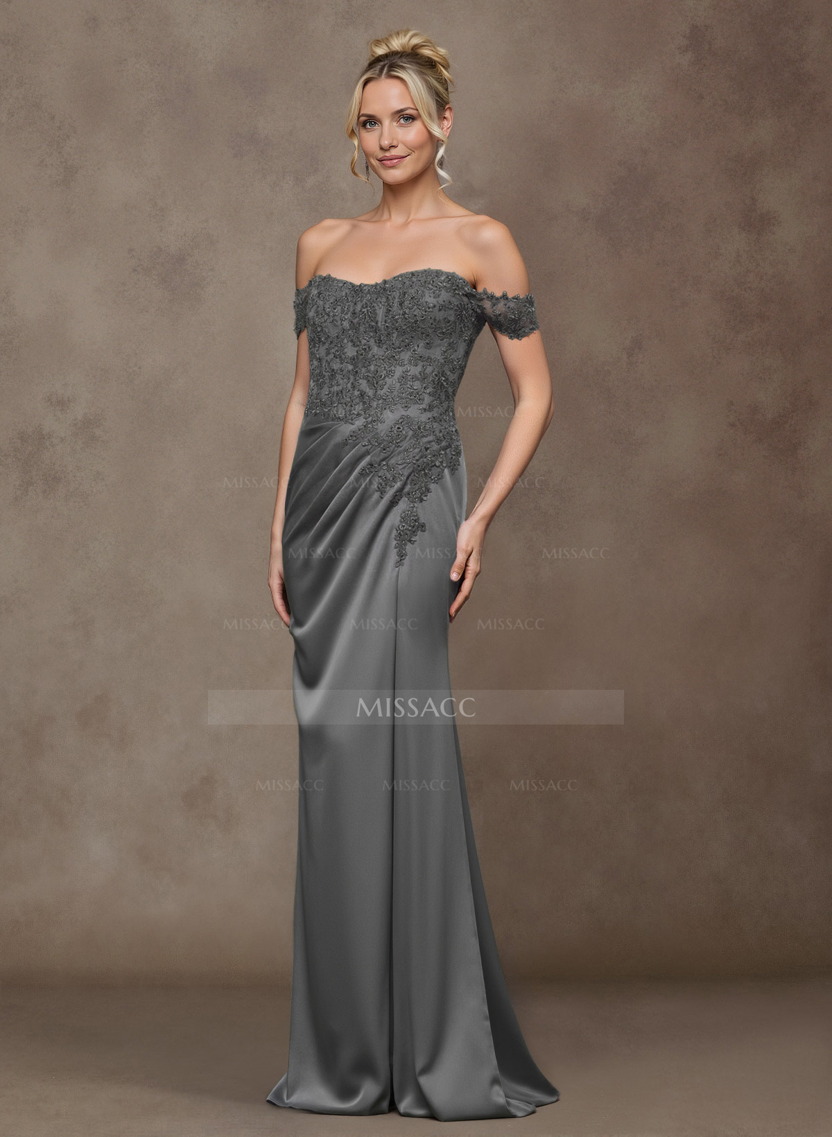 Unique Lace Off-The-Shoulder Crepe Satin Mother Of The Bride Dresses