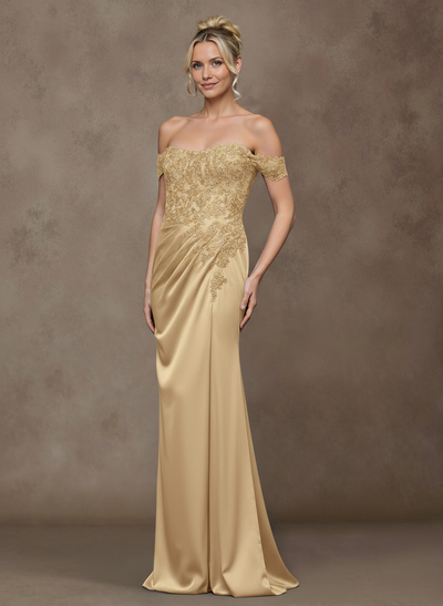Unique Lace Off-The-Shoulder Crepe Satin Mother Of The Bride Dresses
