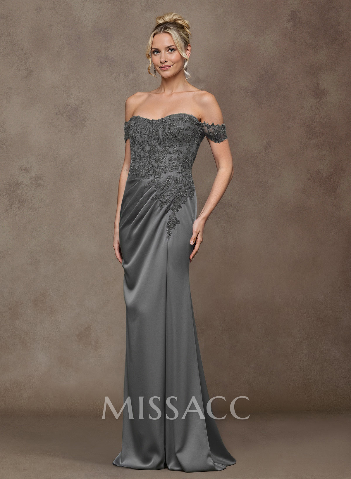 Unique Lace Off-The-Shoulder Crepe Satin Mother Of The Bride Dresses