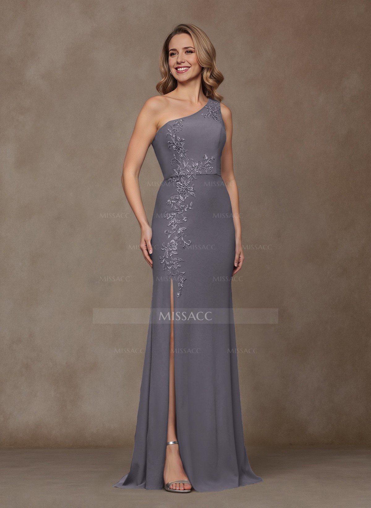 Classy Lace One-Shoulder High Split Crepe Satin Mother Of The Bride Dresses