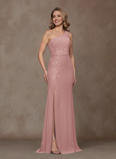 Classy Lace One-Shoulder High Split Crepe Satin Mother Of The Bride Dresses