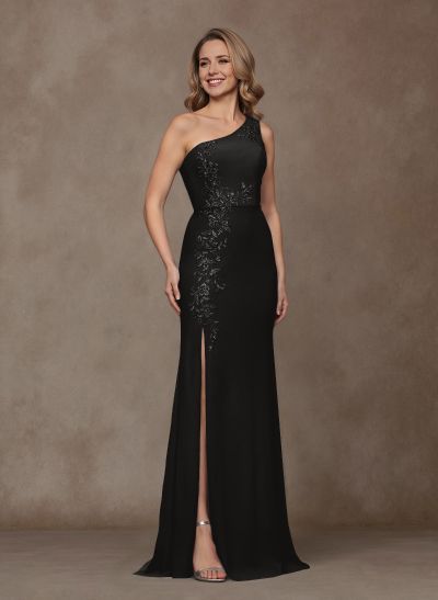 Classy Lace One-Shoulder High Split Crepe Satin Mother Of The Bride Dresses