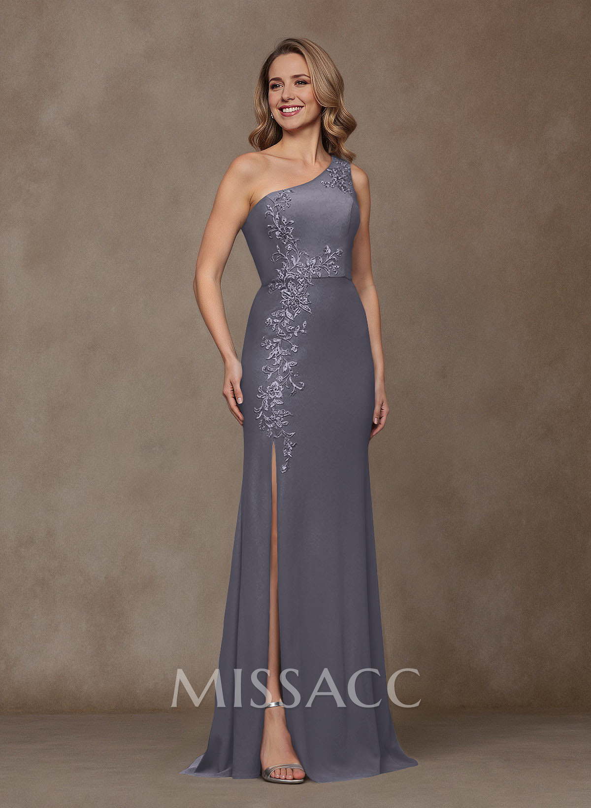 Classy Lace One-Shoulder High Split Crepe Satin Mother Of The Bride Dresses