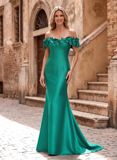 Trumpet/Mermaid Off-The-Shoulder Sleeveless Sweep Train Satin Evening Dresses With Flower