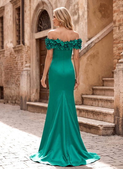Trumpet/Mermaid Off-The-Shoulder Sleeveless Sweep Train Satin Evening Dresses With Flower