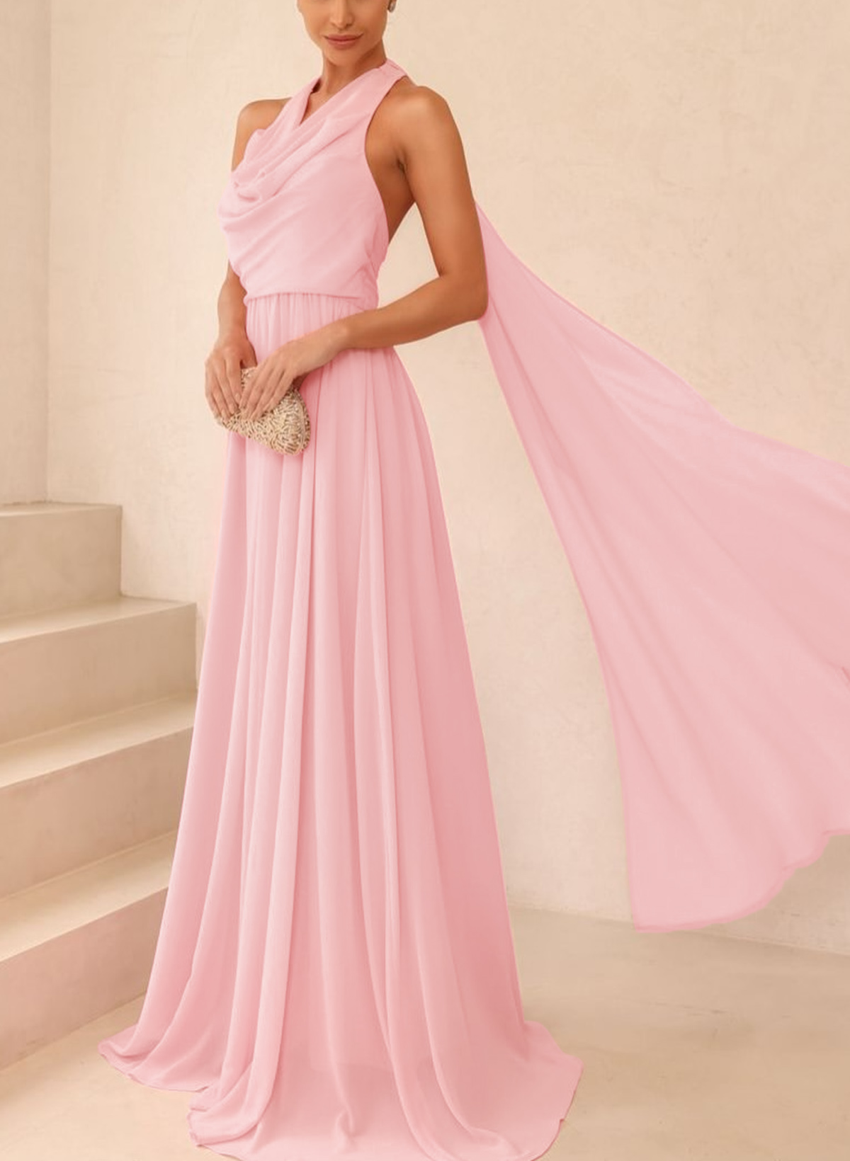 Dreamy A-Line Halter Sweep Train Chiffon Mother Of The Bride Dresses