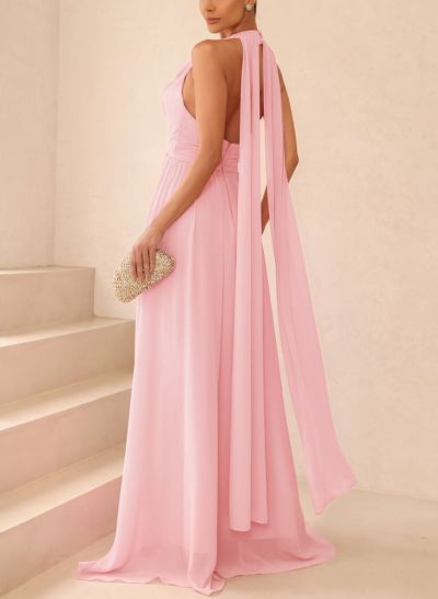 Dreamy A-Line Halter Sweep Train Chiffon Mother Of The Bride Dresses