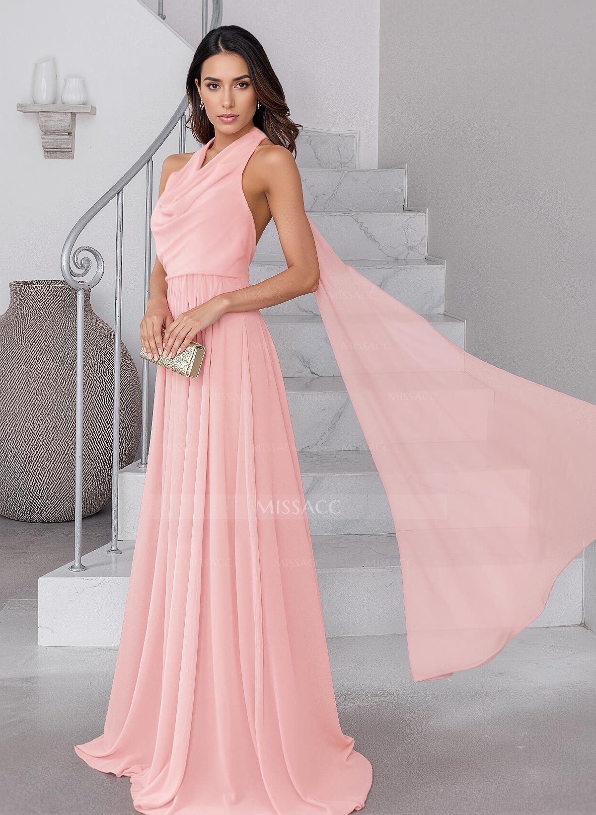 Dreamy A-Line Halter Sweep Train Chiffon Mother Of The Bride Dresses