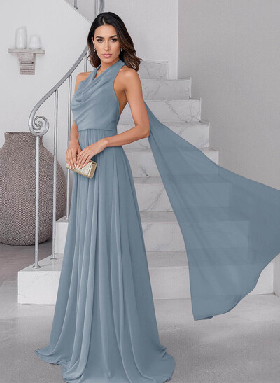 Dreamy A-Line Halter Sweep Train Chiffon Mother Of The Bride Dresses