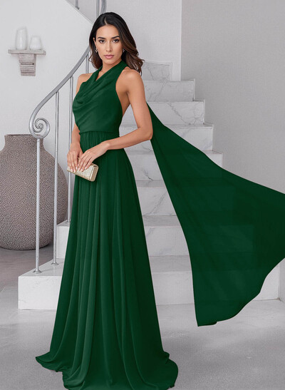 Dreamy A-Line Halter Sweep Train Chiffon Mother Of The Bride Dresses