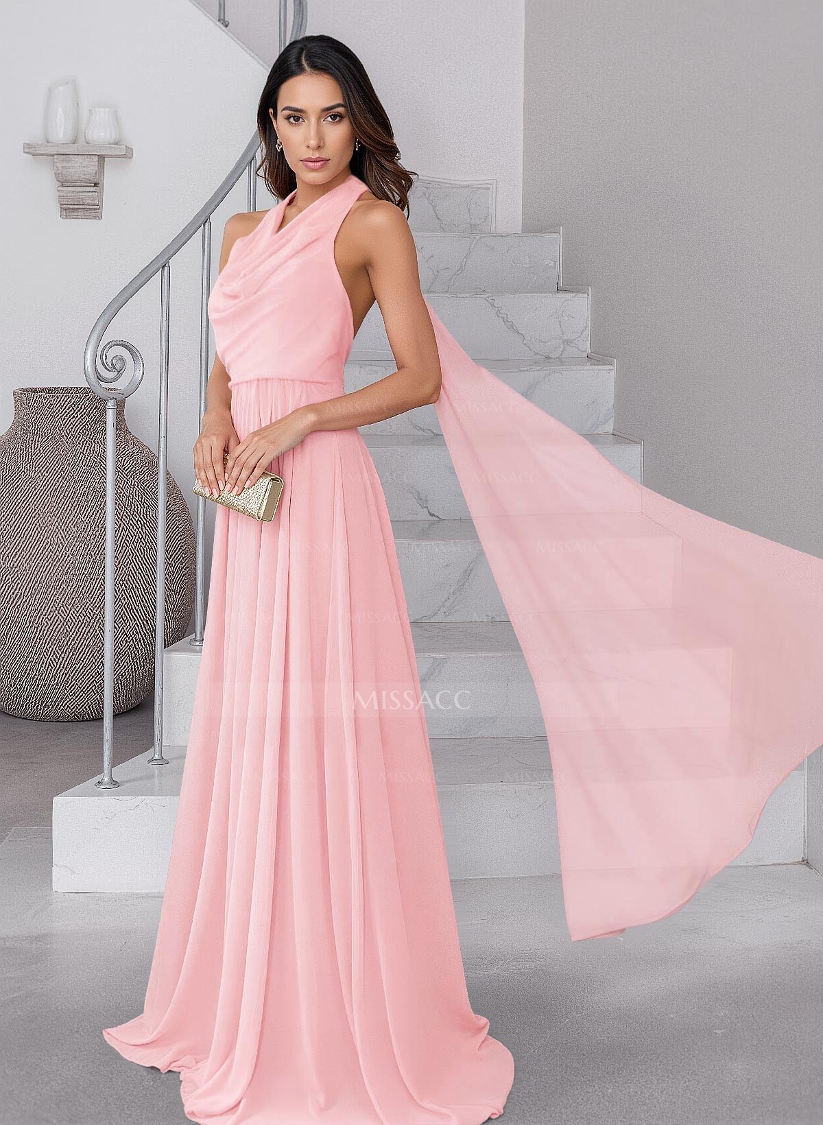 Dreamy A-Line Halter Sweep Train Chiffon Mother Of The Bride Dresses