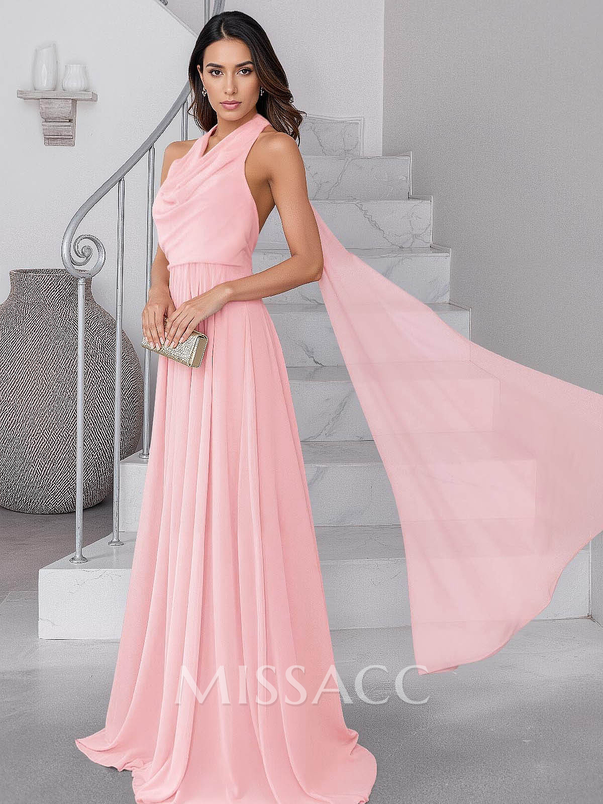 Dreamy A-Line Halter Sweep Train Chiffon Mother Of The Bride Dresses