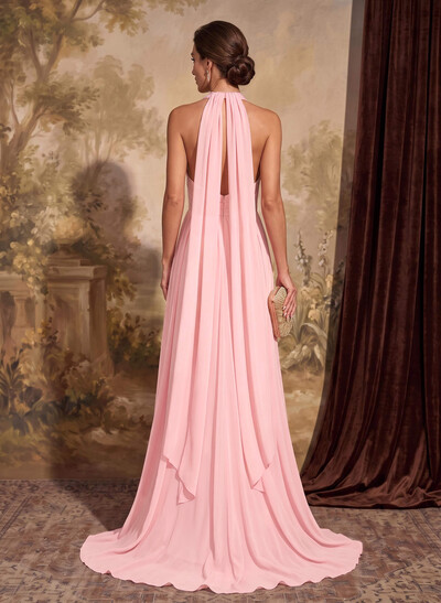 Dreamy A-Line Halterneck Chiffon Mother of the Bride Dresses with Sweep Train