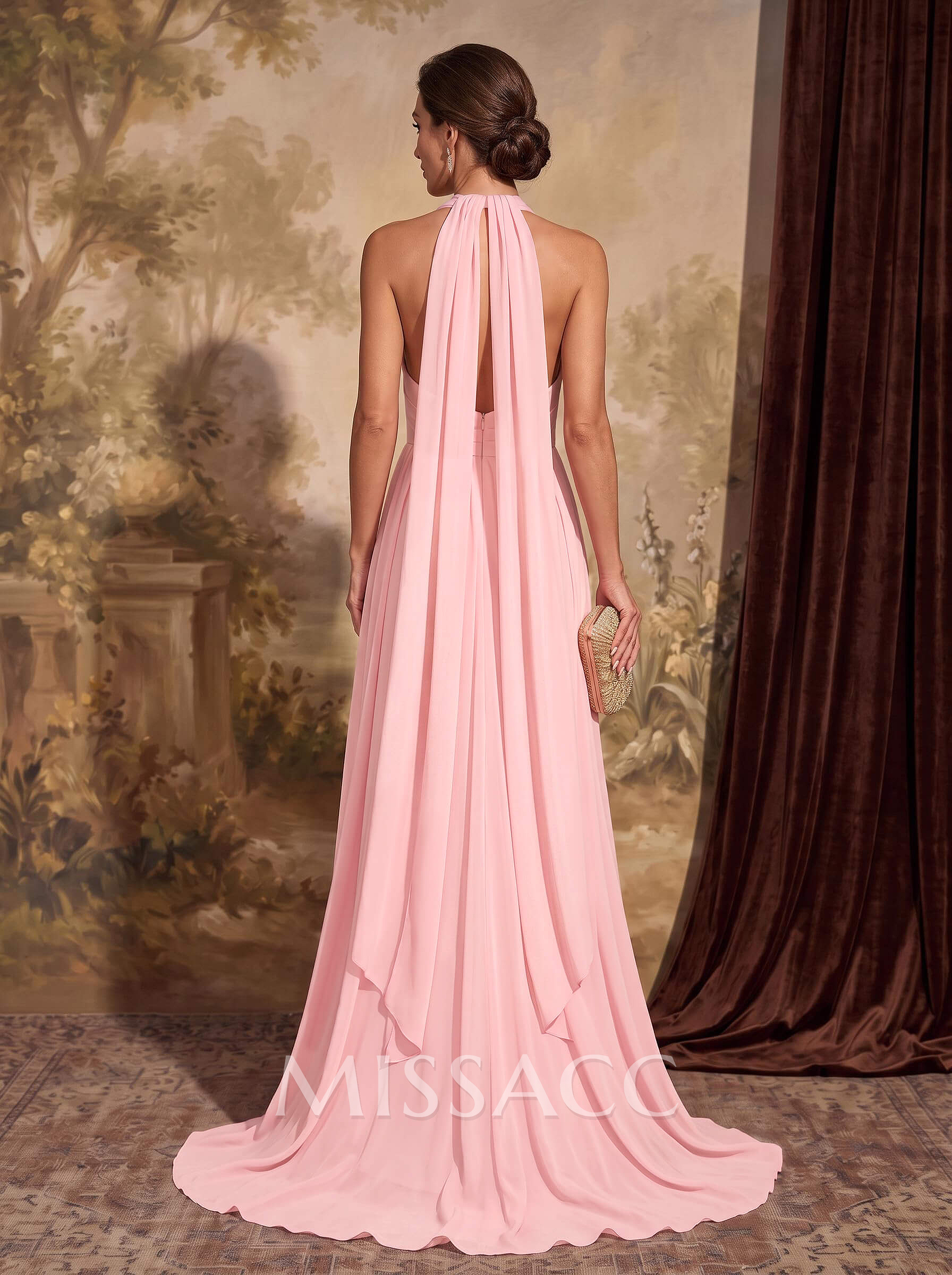 Dreamy A-Line Halter Sweep Train Chiffon Mother Of The Bride Dresses