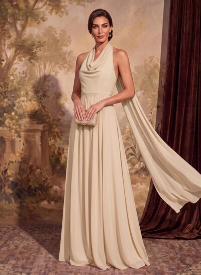 Dreamy A-Line Halter Sweep Train Chiffon Mother Of The Bride Dresses