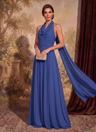 Dreamy A-Line Halter Sweep Train Chiffon Mother Of The Bride Dresses