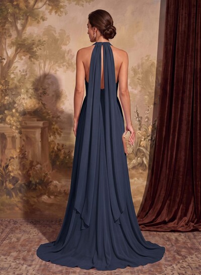 Dreamy A-Line Halterneck Chiffon Mother Of The Bride Dresses With Sweep Train