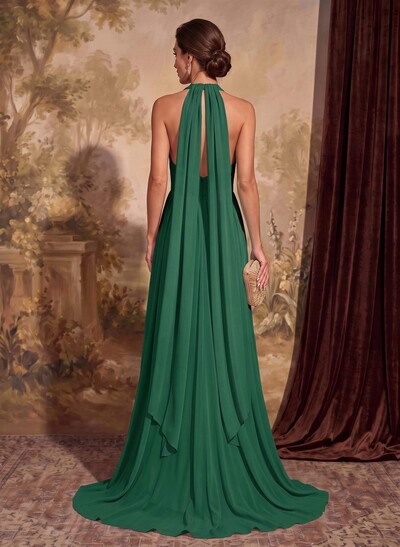 Dreamy A-Line Halter Sweep Train Chiffon Mother Of The Bride Dresses