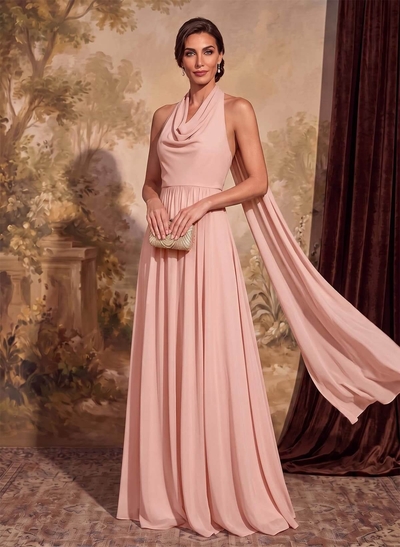 Dreamy A-Line Halterneck Chiffon Mother Of The Bride Dresses With Sweep Train