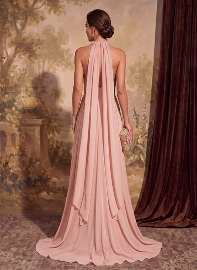 Dreamy A-Line Halterneck Chiffon Mother Of The Bride Dresses With Sweep Train