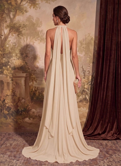 Dreamy A-Line Halter Sweep Train Chiffon Mother Of The Bride Dresses