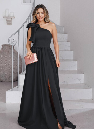 Classy A-Line Bow(s) One-Shoulder Split Front Satin Mother Of The Bride Dresses