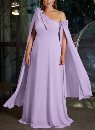 Dreamy A-Line Flower(s) One-Shoulder Cape Sleeves Chiffon Mother Of The Bride Dresses