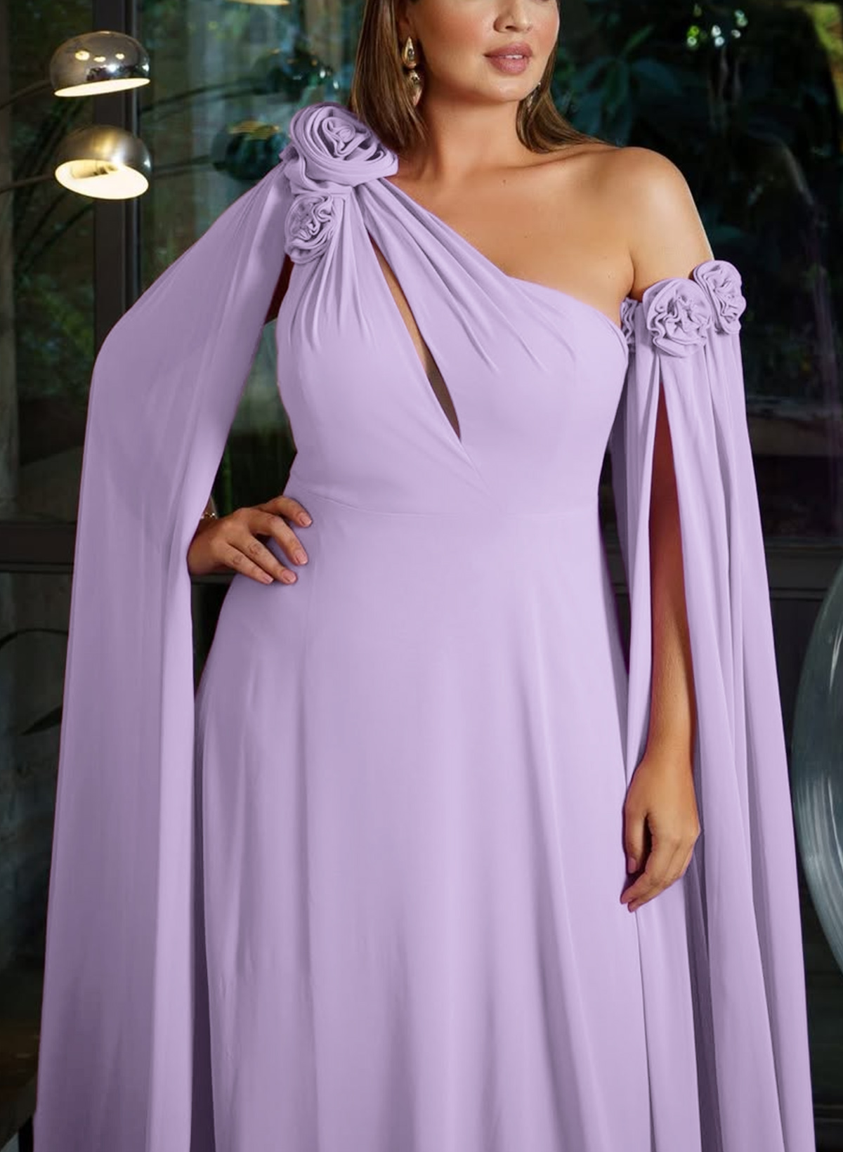 Dreamy A-Line Flower(s) One-Shoulder Cape Sleeves Chiffon Mother Of The Bride Dresses