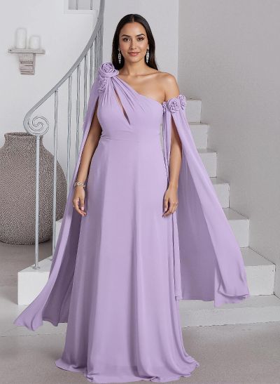 Dreamy A-Line Flower(s) One-Shoulder Cape Sleeves Chiffon Mother Of The Bride Dresses